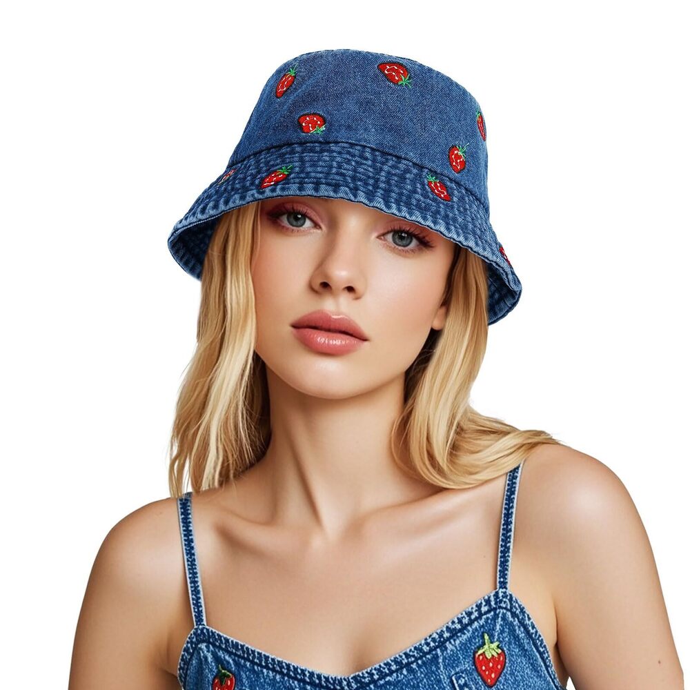 6823 Strawberry Embroidered Denim Bucket Hat Blue Jean Fruits Print